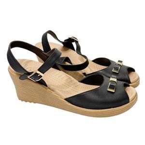 Crocs Leigh Ann Wedge Sandal 202037 Black Gold Bow Peep Toe Ankle Strap Sz 10